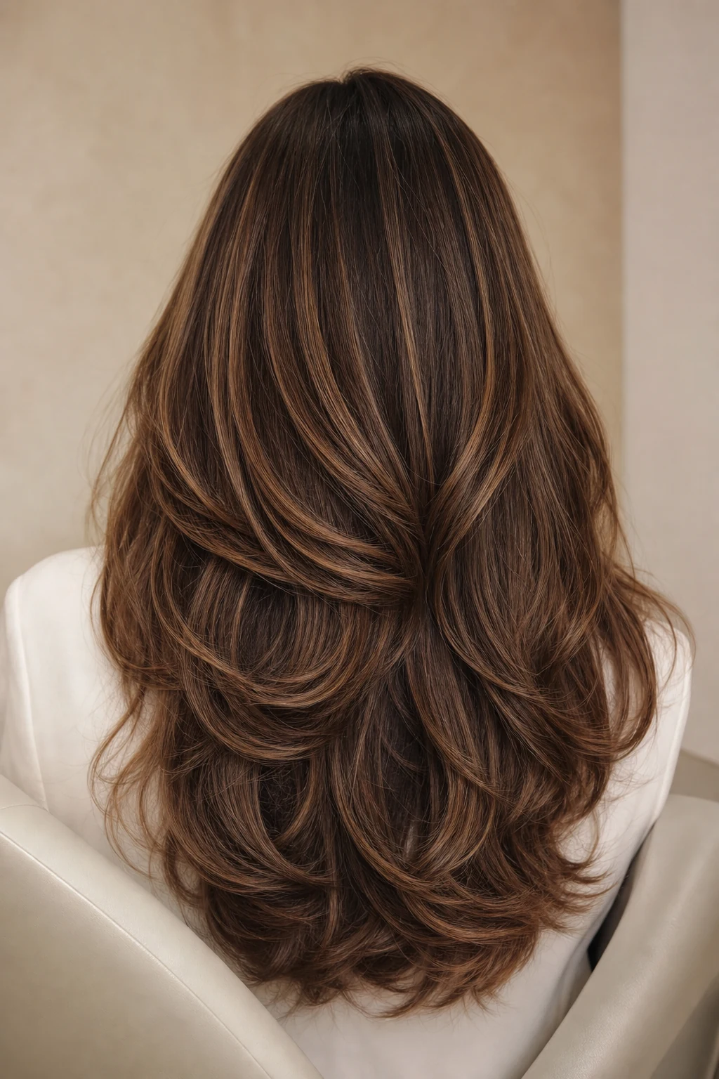 Cabelo castanho longo com corte em camadas e acabamento profissional
